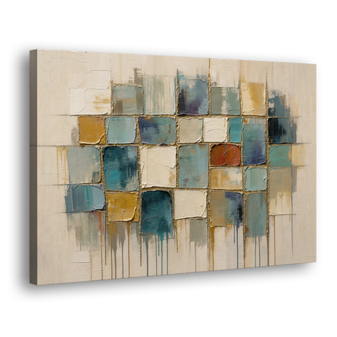 Teal and Cream Tile Grid with Gold Seams - Canvas Wall Art - Side