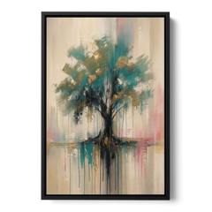 Teal and Gold Tree With Dripping Roots - Black Framed Canvas Wall Art - Front