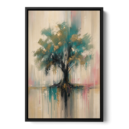 Teal and Gold Tree With Dripping Roots - Black Framed Canvas Wall Art - Front