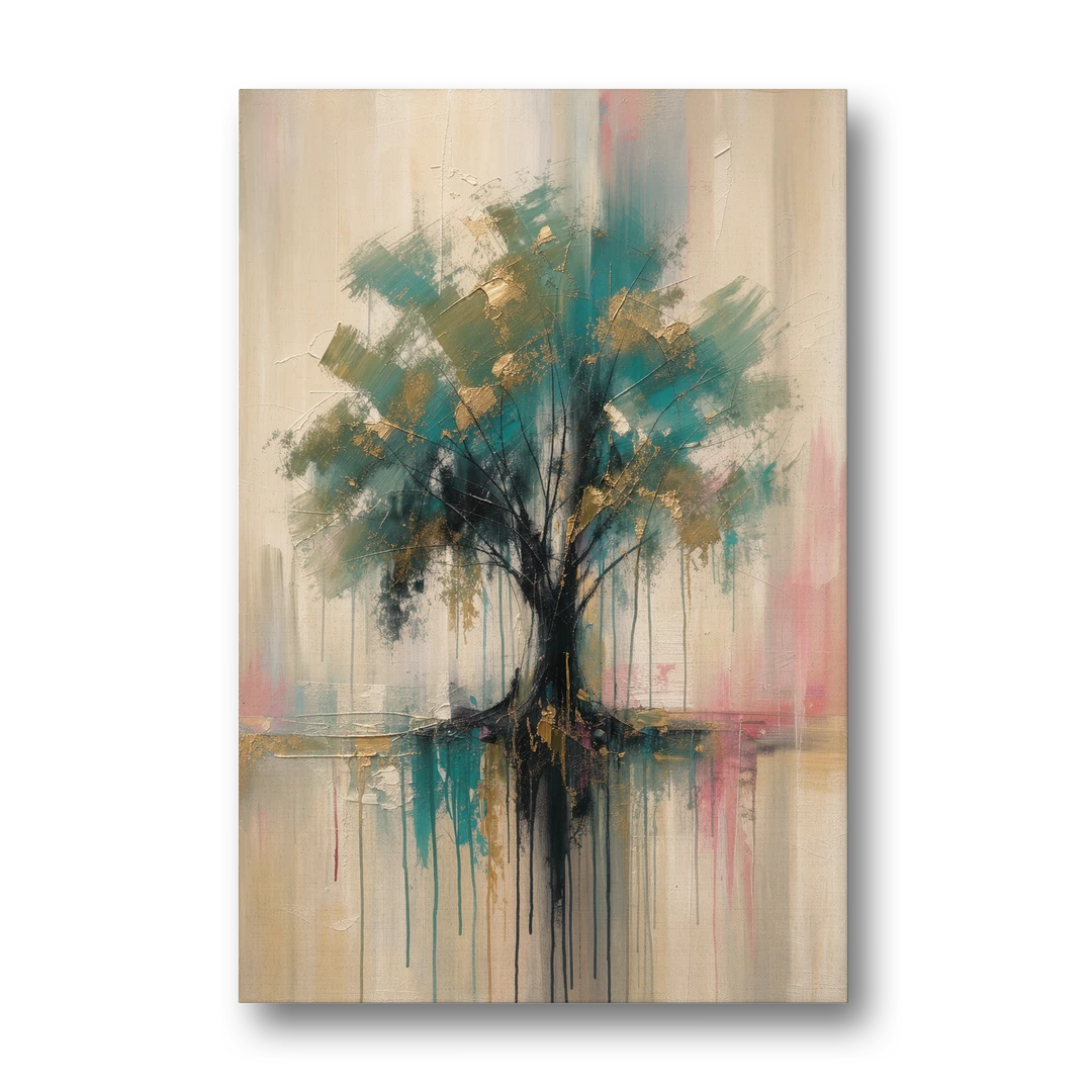 Teal and Gold Tree With Dripping Roots - Canvas Wall Art - Front