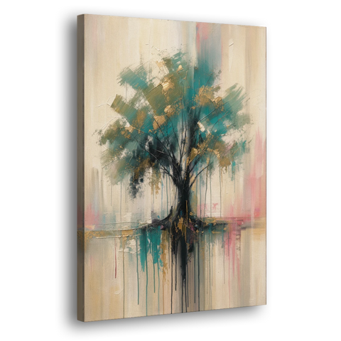 Teal and Gold Tree With Dripping Roots - Canvas Wall Art