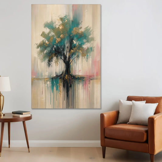 Teal and Gold Tree With Dripping Roots - Canvas Wall Art - Sofa - 40x60