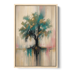 Teal and Gold Tree With Dripping Roots - Oak Framed Canvas Wall Art - Front