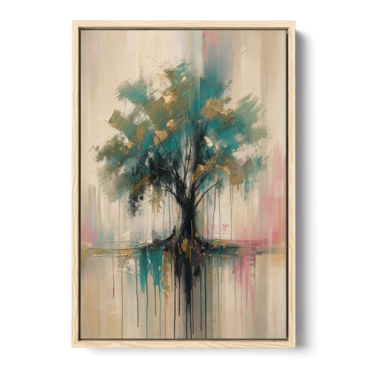 Teal and Gold Tree With Dripping Roots - Oak Framed Canvas Wall Art - Front