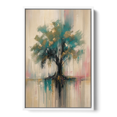 Teal and Gold Tree With Dripping Roots - White Framed Canvas Wall Art - Front
