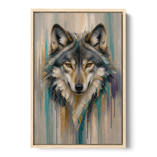 Abstract Teal and Gold Wolf - Oak Framed Canvas Wall Art - Front