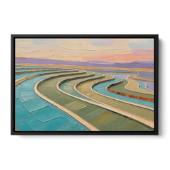 Teal and Sage Terraced Fields Abstract Landscape - Black Framed Canvas Wall Art - Front