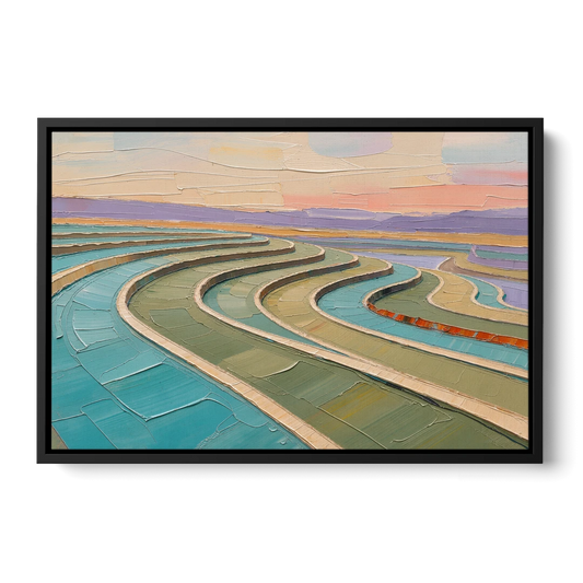 Teal and Sage Terraced Fields Abstract Landscape - Black Framed Canvas Wall Art - Front
