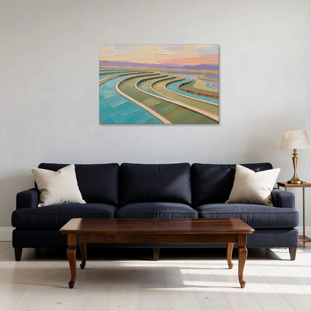 Teal and Sage Terraced Fields Abstract Landscape - Canvas Wall Art - Sofa - 36x24