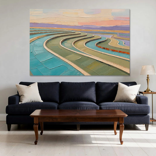 Teal and Sage Terraced Fields Abstract Landscape - Canvas Wall Art - Sofa - 60x40