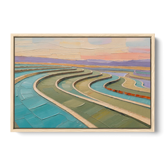 Teal and Sage Terraced Fields Abstract Landscape - Oak Framed Canvas Wall Art - Front