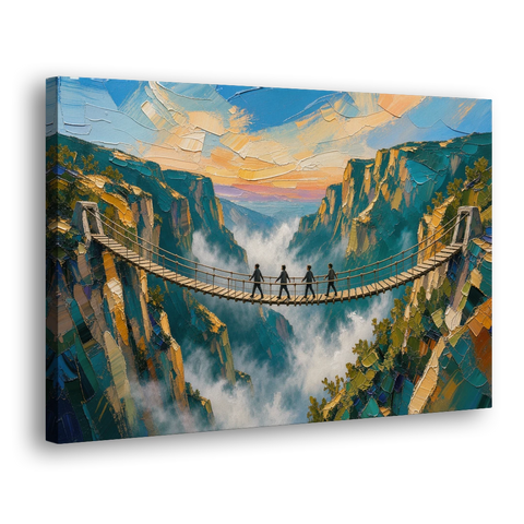 Teamwork Canvas Rope Bridge Over the Misty Gorge - Canvas Wall Art - Side