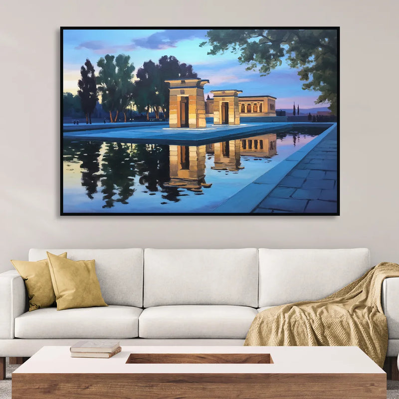 Temple of Debod Twilight Living Room - Black Canvas Wall Art