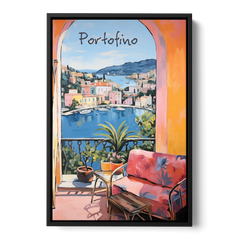 Terrace Painting Over Portofino Harbor - Black Framed Canvas Wall Art - Front