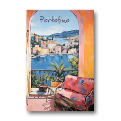 Terrace Painting Over Portofino Harbor - Canvas Wall Art - Front
