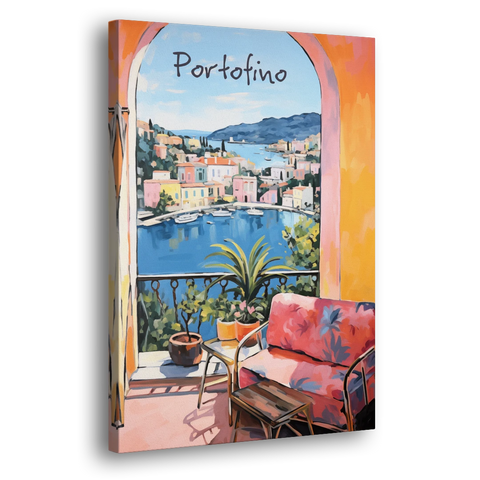 Terrace Painting Over Portofino Harbor - Canvas Wall Art - Side