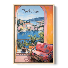 Terrace Painting Over Portofino Harbor - Oak Framed Canvas Wall Art - Front