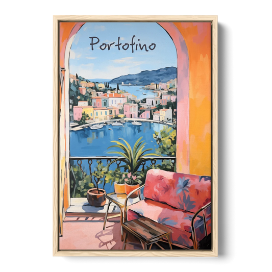 Terrace Painting Over Portofino Harbor - Oak Framed Canvas Wall Art - Front
