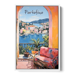Terrace Painting Over Portofino Harbor - White Framed Canvas Wall Art - Front