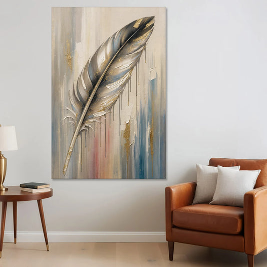 Textured Abstract Greige Gilded Feather - Canvas Wall Art - Sofa - 40x60