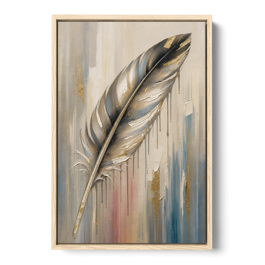 Textured Abstract Greige Gilded Feather - Oak Framed Canvas Wall Art - Front