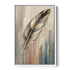 Textured Abstract Greige Gilded Feather - White Framed Canvas Wall Art - Front