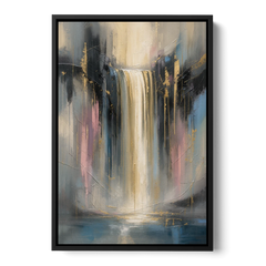 Textured Abstract Painting of a Gilded Waterfall - Black Framed Canvas Wall Art - Front