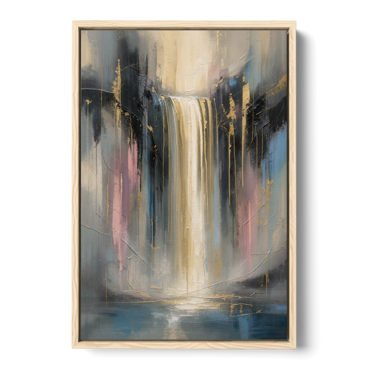 Textured Abstract Painting of a Gilded Waterfall - Oak Framed Canvas Wall Art - Front