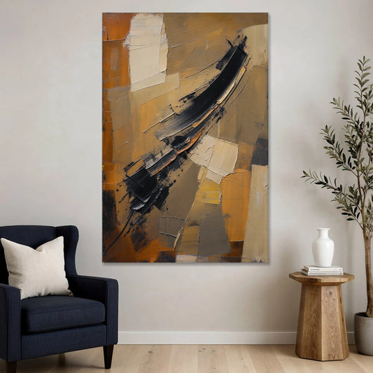 Textured Black Knife Sweep Over Ochre - Canvas Wall Art - Sofa - 40x60