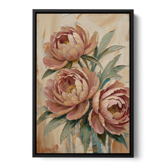 Textured Floral Painting of Three Blush Peonies - Black Framed Canvas Wall Art - Front