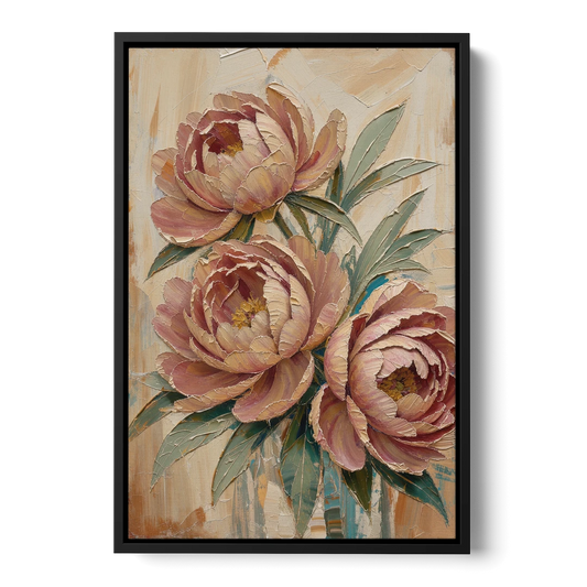 Textured Floral Painting of Three Blush Peonies - Black Framed Canvas Wall Art - Front
