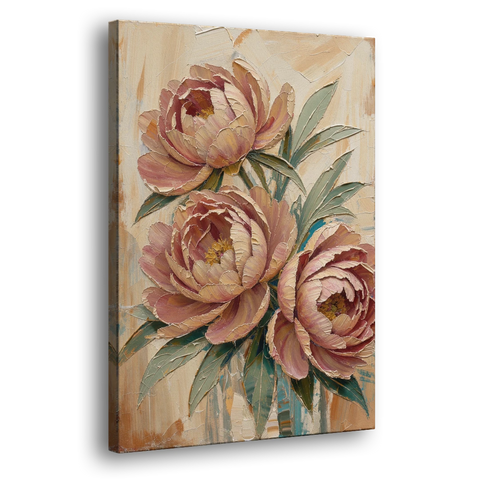 Textured Floral Painting of Three Blush Peonies - Canvas Wall Art - Side