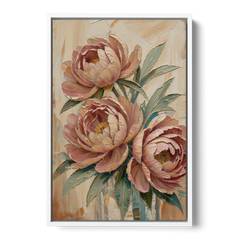 Textured Floral Painting of Three Blush Peonies - White Framed Canvas Wall Art - Front