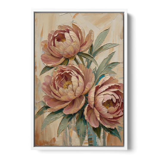 Textured Floral Painting of Three Blush Peonies - White Framed Canvas Wall Art - Front