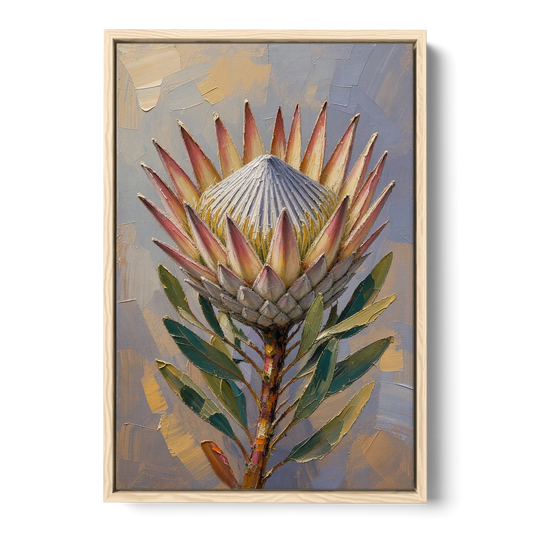 Textured Floral Wall Art of a King Protea - Oak Framed Canvas Wall Art - Front