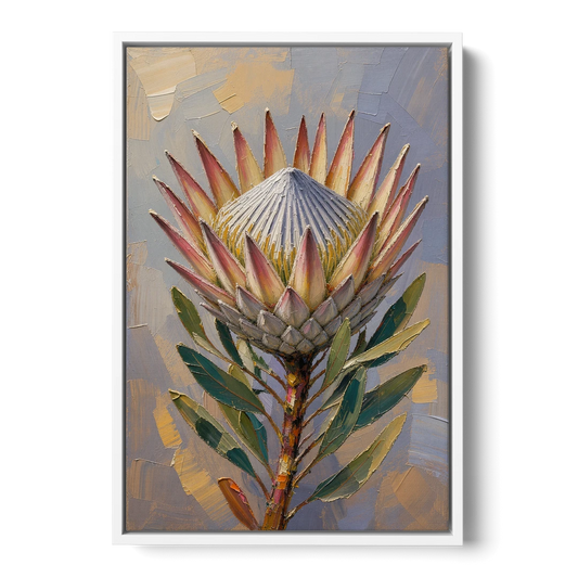 Textured Floral Wall Art of a King Protea - White Framed Canvas Wall Art - Front