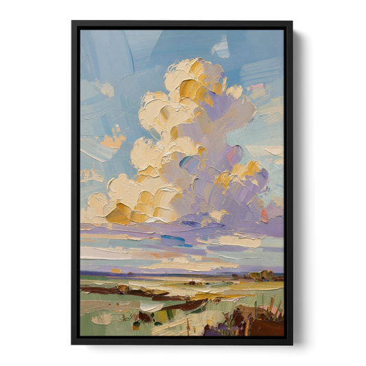 Textured Golden Cumulus Over Sage Field for the Living Room - Black Framed Canvas Wall Art - Front