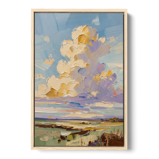 Textured Golden Cumulus Over Sage Field for the Living Room - Oak Framed Canvas Wall Art - Front