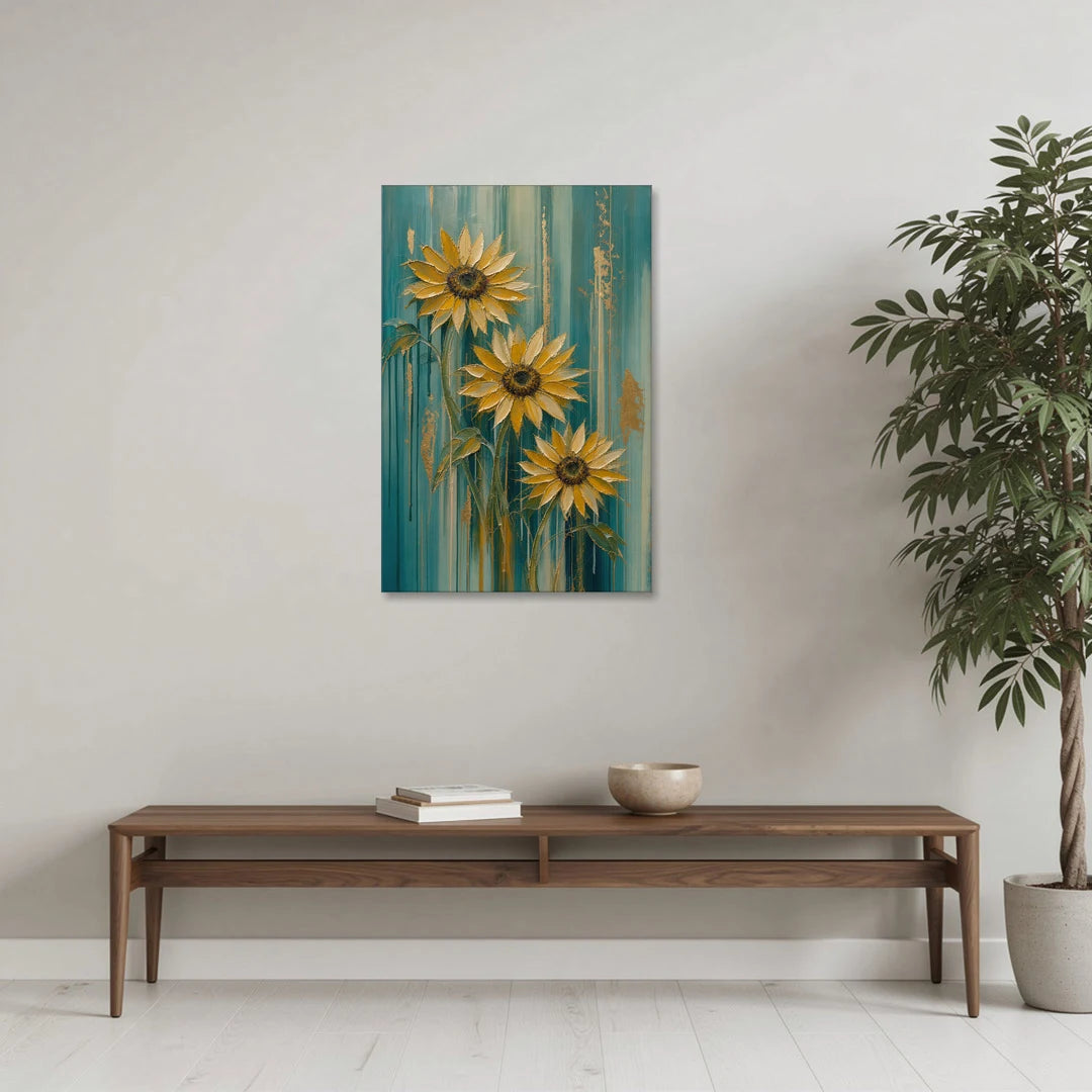 Textured Sunflower Painting in Teal and Gold - Canvas Wall Art - Coffee Table - 24x36