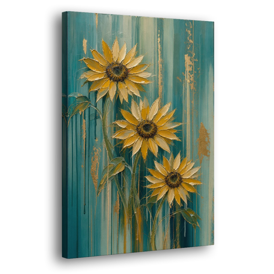 Textured Sunflower Painting in Teal and Gold - Canvas Wall Art - Side