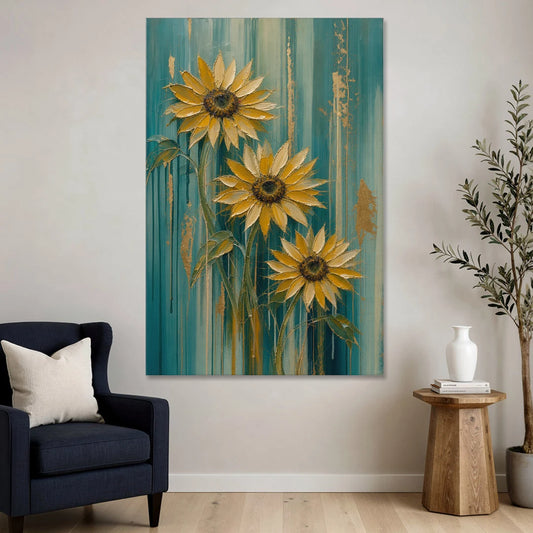Textured Sunflower Painting in Teal and Gold - Canvas Wall Art - Sofa - 40x60