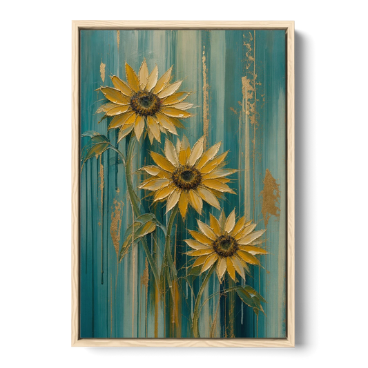 Textured Sunflower Painting in Teal and Gold - Oak Framed Canvas Wall Art - Front