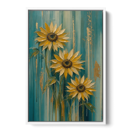 Textured Sunflower Painting in Teal and Gold - White Framed Canvas Wall Art - Front
