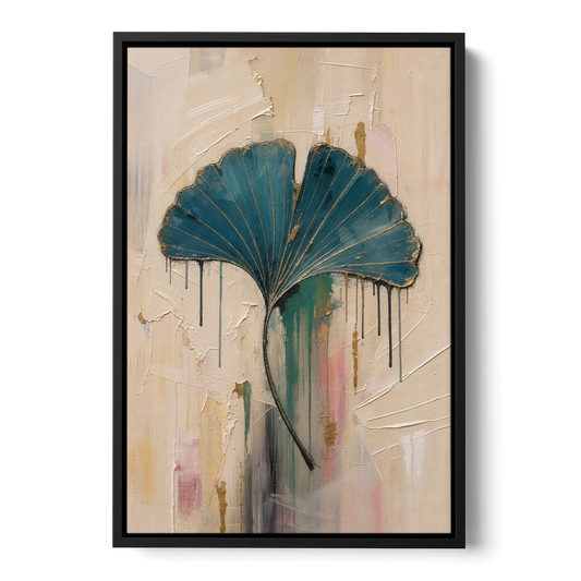 Textured Teal Ginkgo Leaf on Cream - Black Framed Canvas Wall Art - Front
