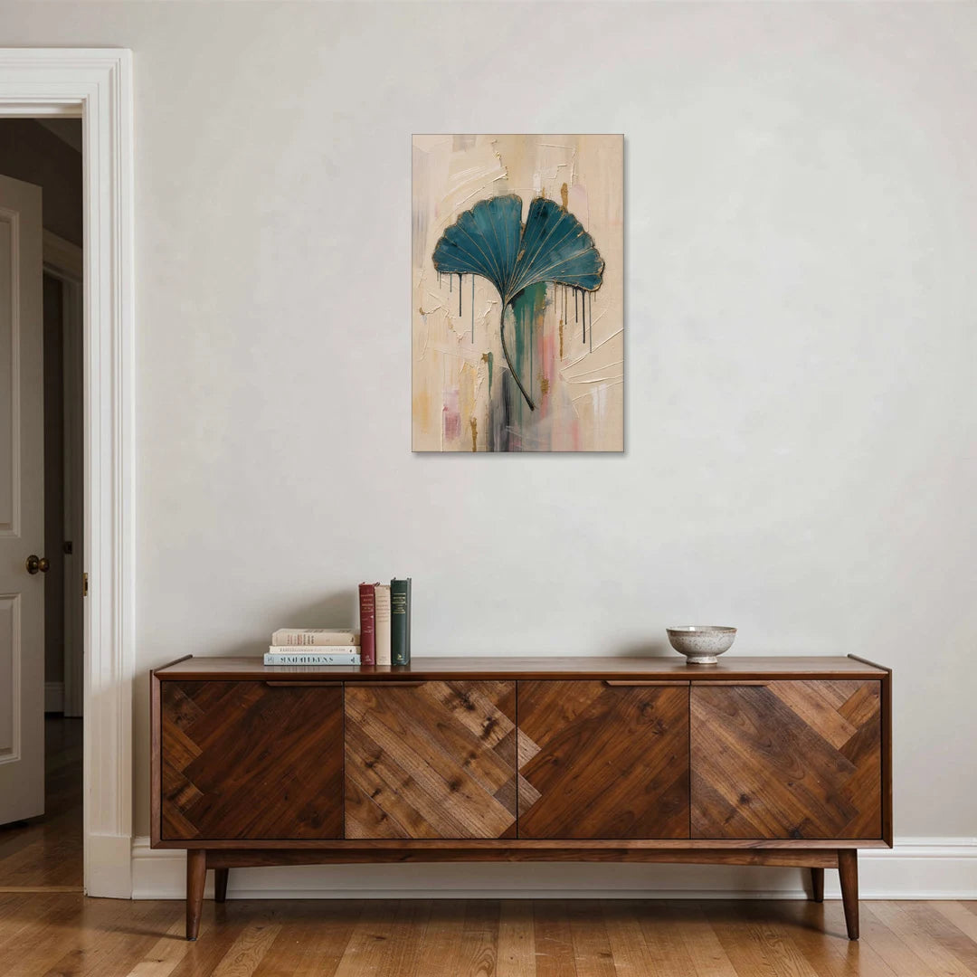 Textured Teal Ginkgo Leaf on Cream - Canvas Wall Art - Coffee Table - 24x36