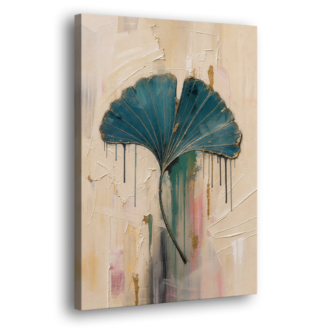 Textured Teal Ginkgo Leaf on Cream - Canvas Wall Art