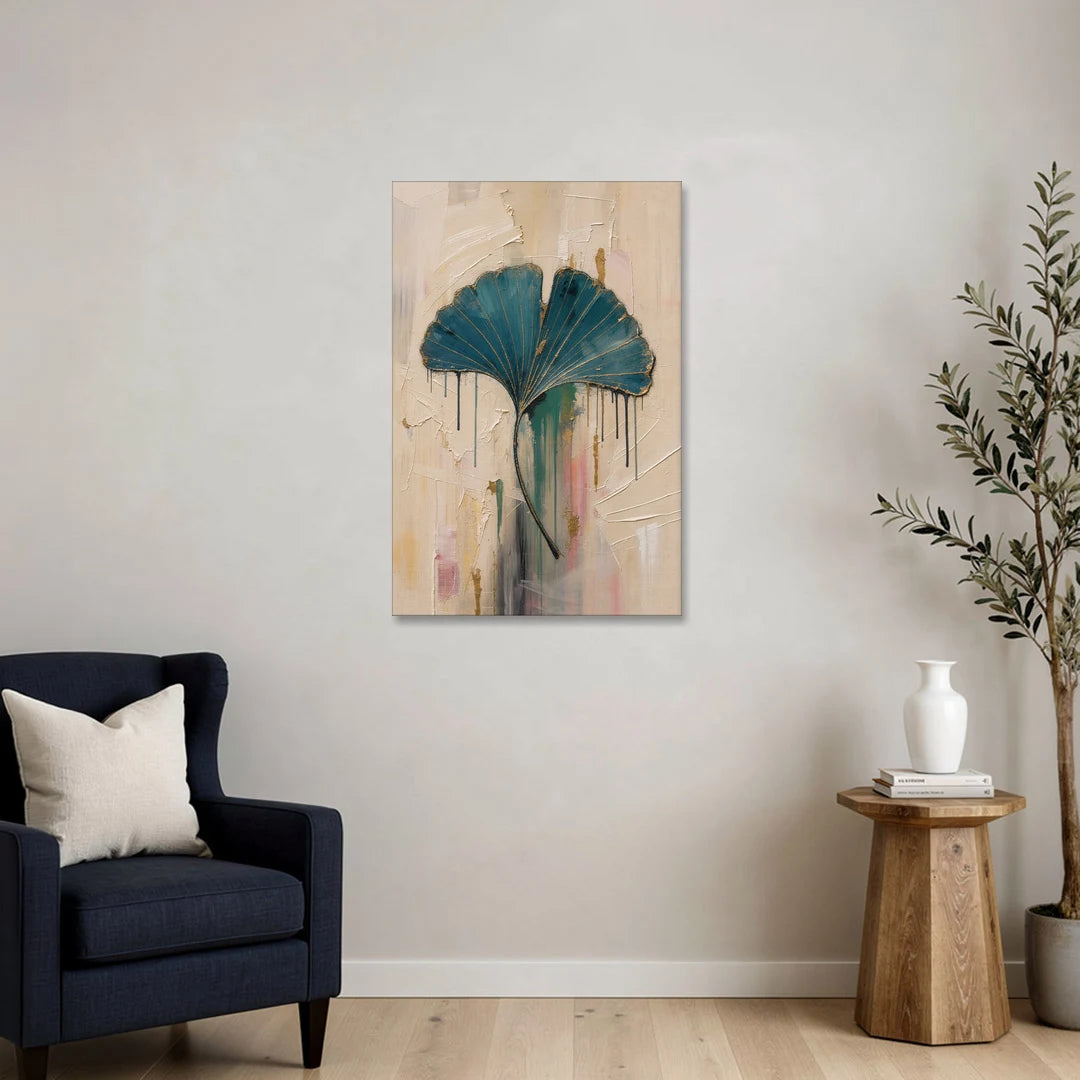 Textured Teal Ginkgo Leaf on Cream - Canvas Wall Art - Sofa - 24x36