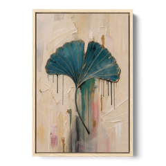 Textured Teal Ginkgo Leaf on Cream - Oak Framed Canvas Wall Art - Front