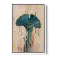 Textured Teal Ginkgo Leaf on Cream - White Framed Canvas Wall Art - Front