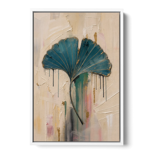 Textured Teal Ginkgo Leaf on Cream - White Framed Canvas Wall Art - Front